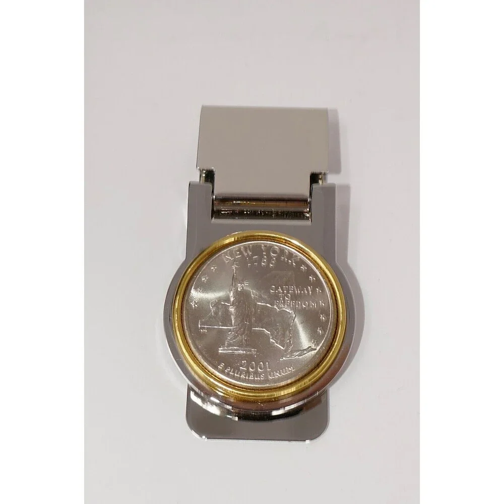 2001 New York Quarter Stainless Steel Gold Color Bezel Hinged Money Clip